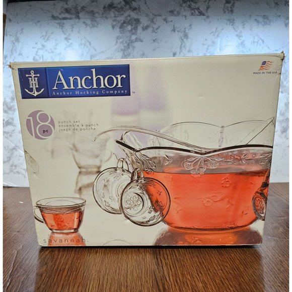 Anchor Hocking Dining Anchor Hocking Savannah Punch Bowl Set 7 Cups 5 Hooks Ladle Original